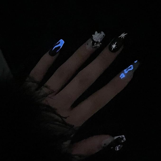 Halloween Press on Nails Medium Coffin Handmade Nails 3D Unique Reusable ABS Material Fake Nails Black&White False Nails with Designs Cute Ghost Charms Glossy Glue on Nail Thick Acrylic Nail(M)