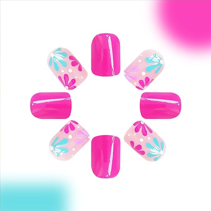 Pink Press on Nails Short Square Fake Nails Floral Acrylic Nails Press ons Spring Summer Glue on Nails Glossy False Nails with Design Reusable Stick on Nails for Women 24 Pcs