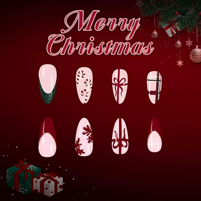 2 Packs 48Pcs Christmas Press on Nails Short Almond Fake Nails Red Snowflake Acrylic Candy Stripe Glitter Designs French Tip Nails Winter Xmas Glue on Nails Kid Set for Women Girls Decoration
