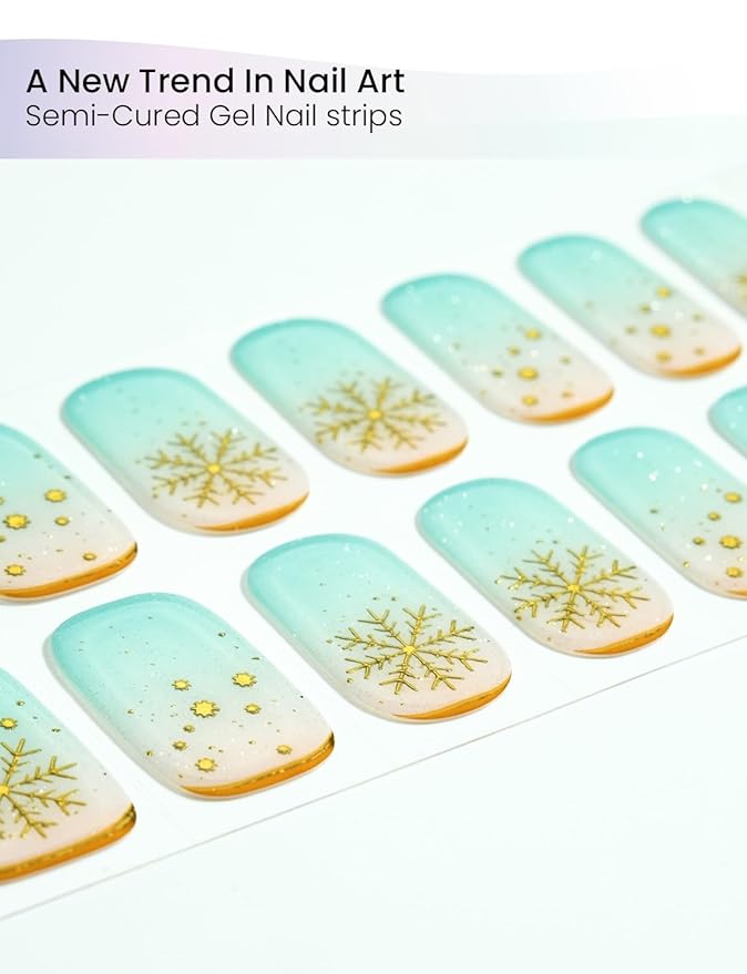 Semi Cured Gel Nail Strips | Built-In Gel Top Coat | UV Light Required | Salon Quality, Easy Application And Removal (Gilded Snow Globe Reverie ）
