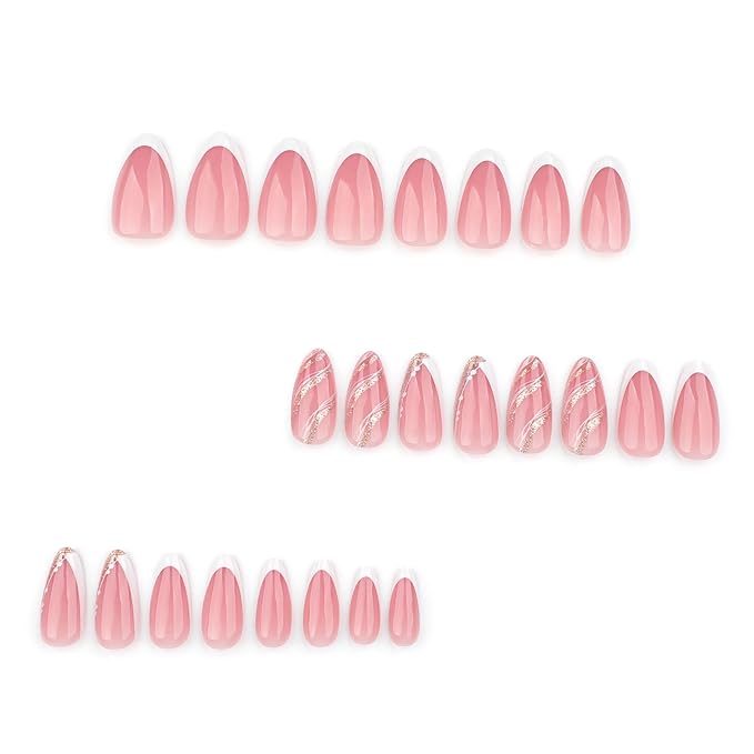 French Press On Nails Medium Short Almond, Nude Fake Nails with White French Tip and Minimalist Gold Line Design, Glossy Gel Finish Acrylic Nails, Natural Reusable Glue On Nails for Women, Luxe Line