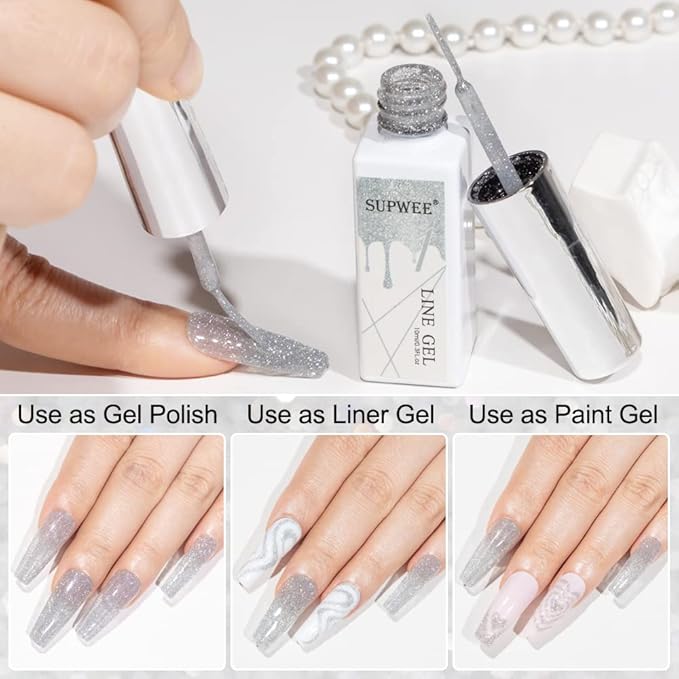 Silver Reflective Gel Polish Liner Gel Glitter Diamond Gel Liner Nail Art for Nails Sparkle Disco Drawing Gel Liner Polish Nail Painting for DIY Nail Art Design Manicure Soak Off Lamp Gel