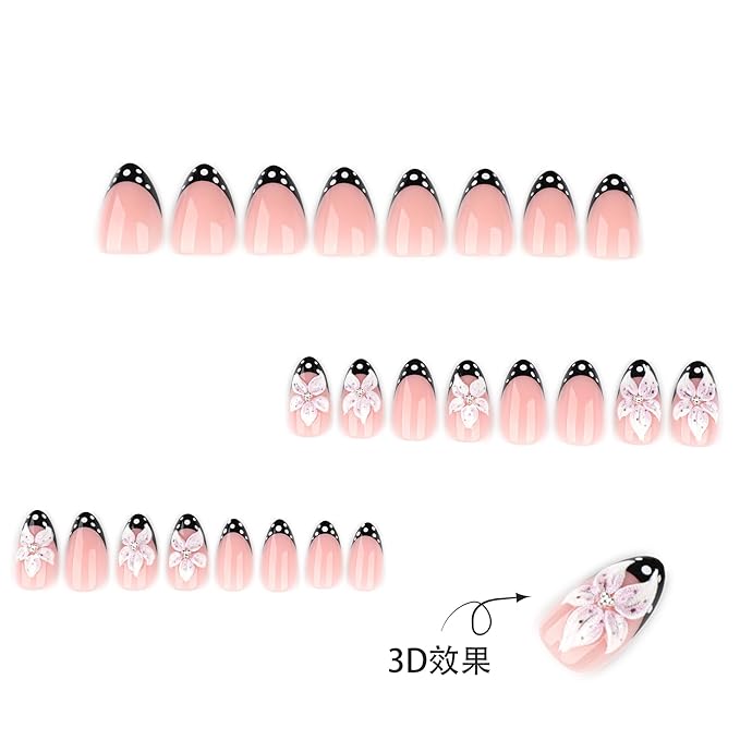 3D Pink Flower Black Polka Dot French Tips Press On Nails Short Almond, Acrylic Fake Nails. Salon-Quality Reusable Stick-Ons, Spring Summer Nails for Parties & Daily Wear | Women & Girls