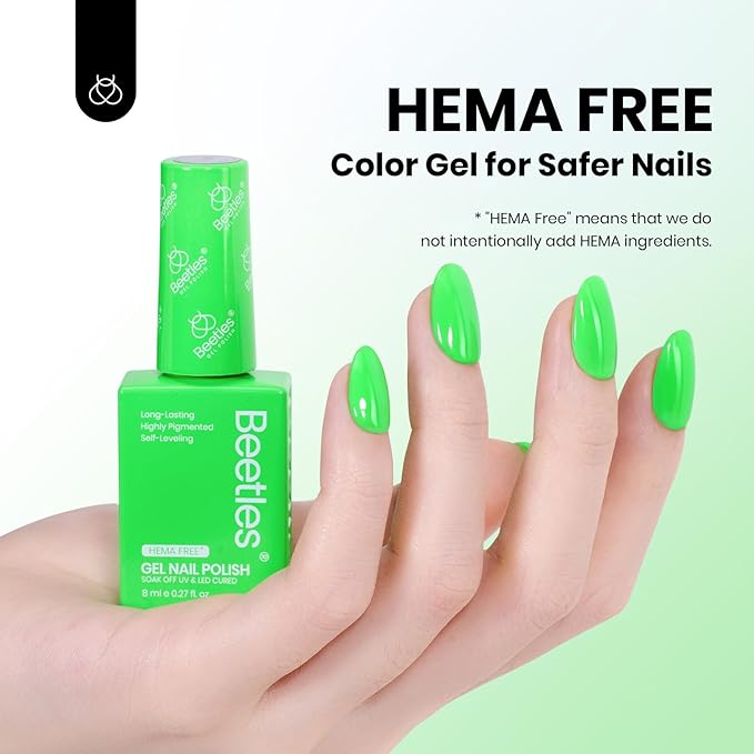 Beetles Neon Green Gel Nail Polish – Hema Free UV LED Soak Off Green Gel Polish Long-Lasting Colorful Bottle St Patricks Day Nails Art Manicure Salon DIY