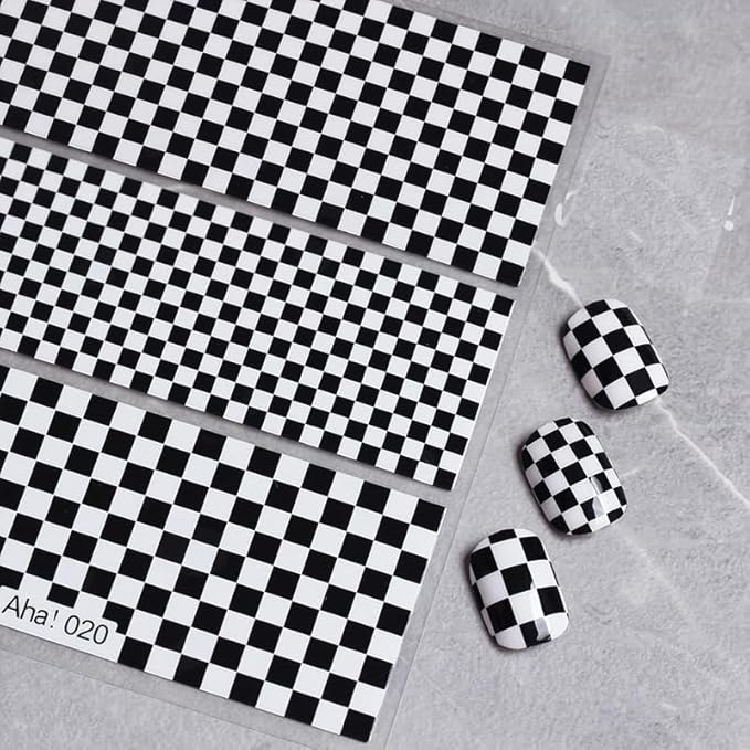 5 Sheet Checkerboard Grid Nail Art 3D Stickers Nail Decals for Nails Houndstooth Manicure Sliders DIY Accessories (Black)