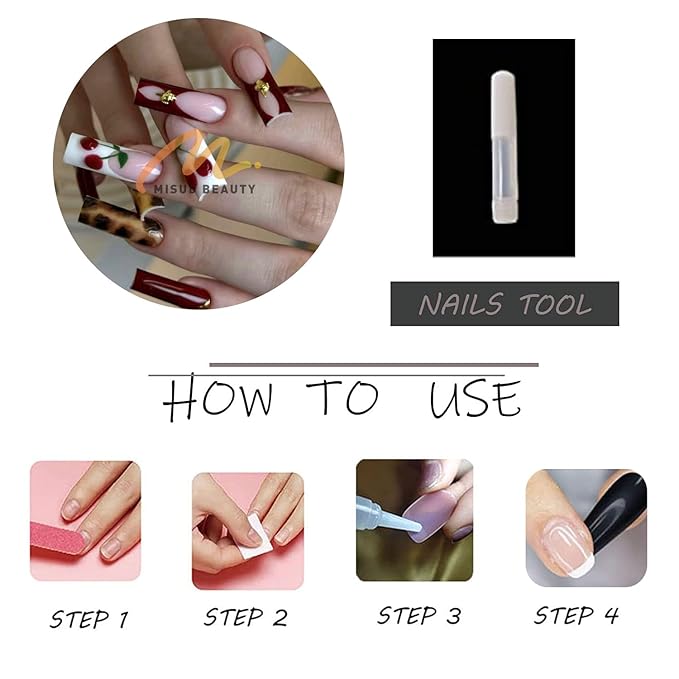 MISUD Press on Nails - Extra Long Square Glue on Nails with Red Cherry, Acrylic Tortoise Design 24 pcs