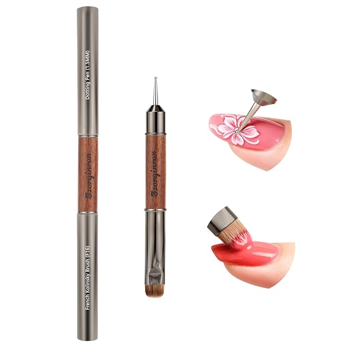 Kolinsky French Tip Nail Art Brush, Clean Up Brush for Gel Nail Polish, Wooden Handle with Dotting Tool