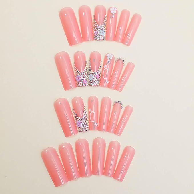 RTKHFZE Extra Long Press On Nails - Pink Full Cover False Nails with 3D Flower & Rhinestone Designs, French Tip, 24 Pcs