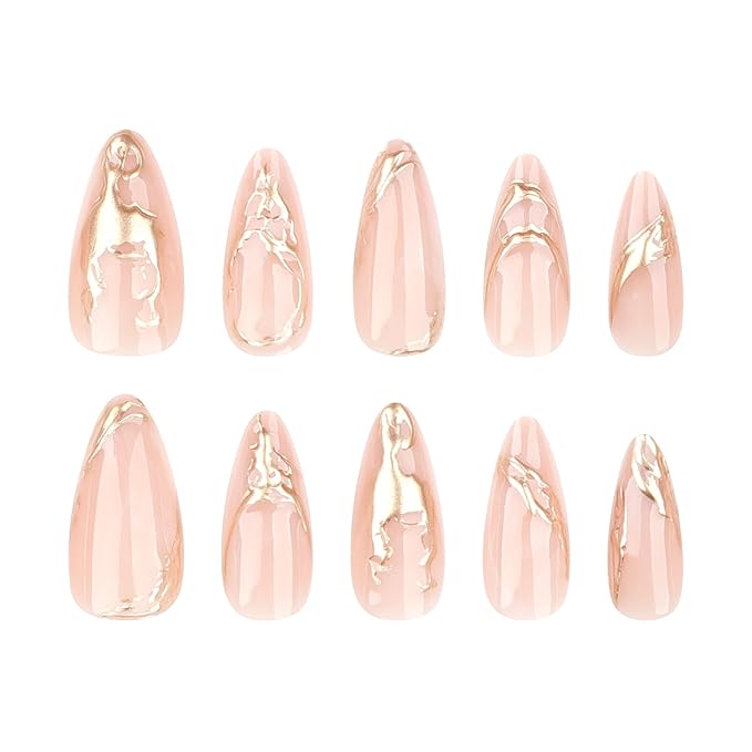 Gold Press On Almond False Nails - Medium Fake Nails with 3D Gold Chrome Design - Glossy Full Cover Stick On Press Ons for Women - 24 Pcs