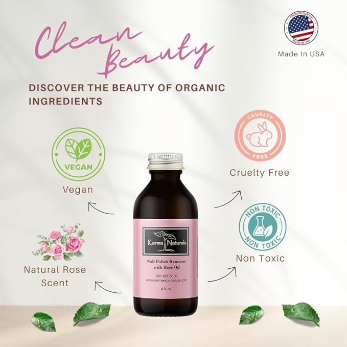Karma Organic Nail Polish Remover with Soybean Oil and Rose Oil- Non Toxic, Vegan, Cruelty Free, Acetone Free – Nails Strengthener for Fingernails – 12 fl. Oz. (3 Pack)