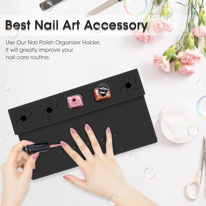 Nail Polish Holder,Silicone Hand Rest Mat Fingernail Painting Tools 2 in 1 Art Accessories Organizer Case Set with Anti-Spill Bottle Stand and Finger Separators for Pedicure Manicure(Black)