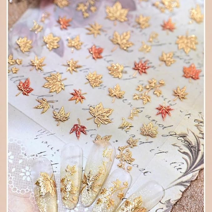 Maple Leaves Nail Stickers 3D Self Adhesive Gold Nail Art Stickers 5D Embossed Colorful Leaf Nail Decals Fall Autumn Nail Designs Cute Yellow Nail Art Supplies for Women Girls 1 Sheet