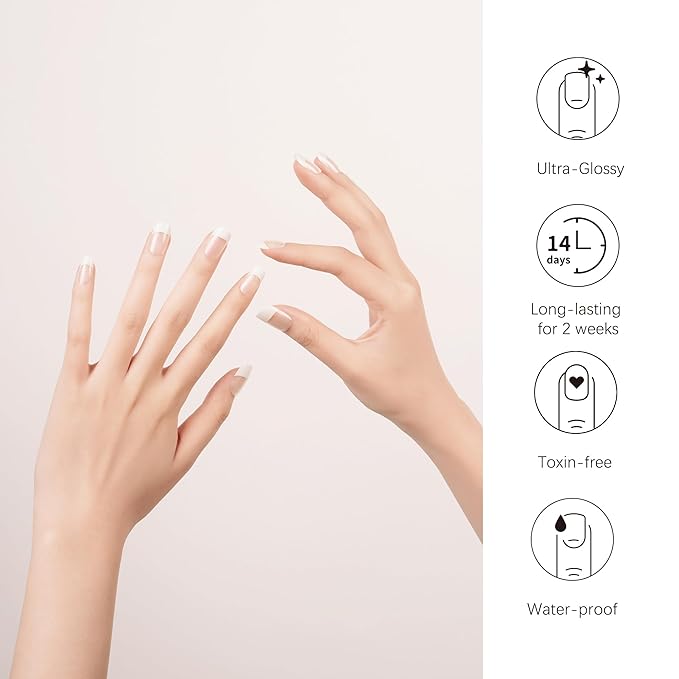 DANNI & TONI Semi Cured Gel Nail Strips Classic French (Crystal Frost) Sheer French Gel Nail Stickers with White Tips Glossy Nail Polish Wraps 28 Stickers