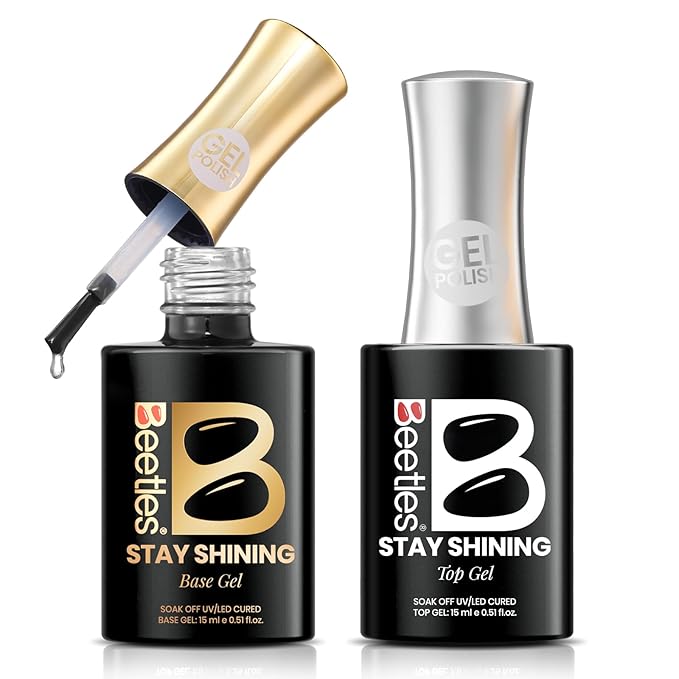 Beetles Gel Base and Top Coat Set 2Pcs 15ml, Stay Shining No Wipe Top Coat Gel Nail Polish & Strong Adhesion Base Coat Long Lasting High Gloss UV Lamp Needed Nail Art Design Manicure Gifts for Women