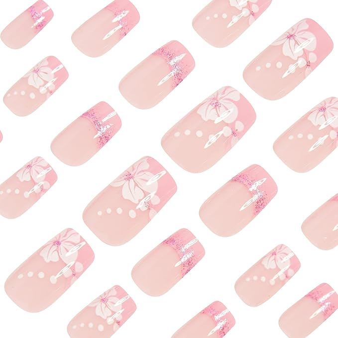 Press on Nails Square - Medium Fake Nails with flower Design - Pink French, Glitter, Spring False Nails for Women 24 Pcs