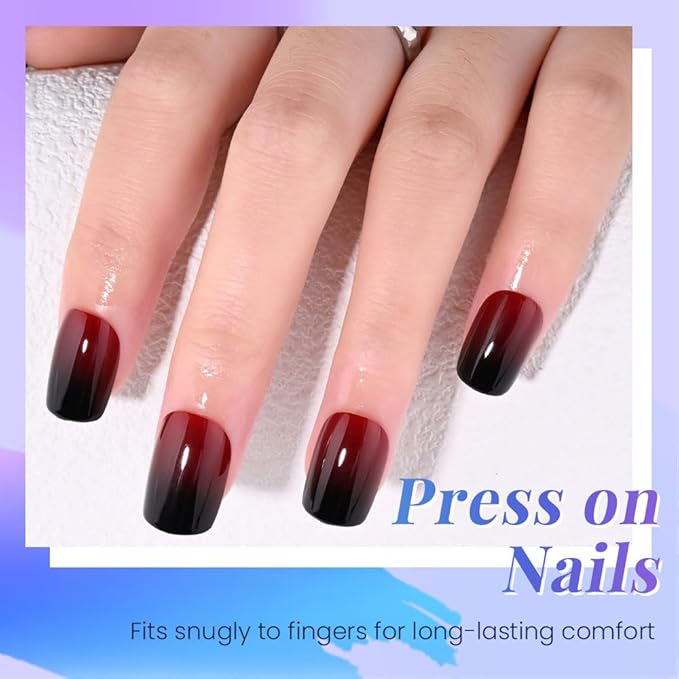 Red Black Ombre Press on Nails, Short Square Acrylic Fake Nails Design, Natural Reusable Nails Kit for Women DIY False Nail Art Decoration Gift, Salon Quality Reusable 15/30 Pcs