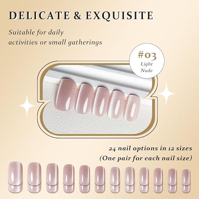 Light Nude Cat Eye Press on Nails Medium Square, Medium Square Press Stick on Nails Chrome for Women Gift, Nude Holographic Glitter Glossy Reusable Soft Gel Acrylic Fake Nail with Cateye Effect Design