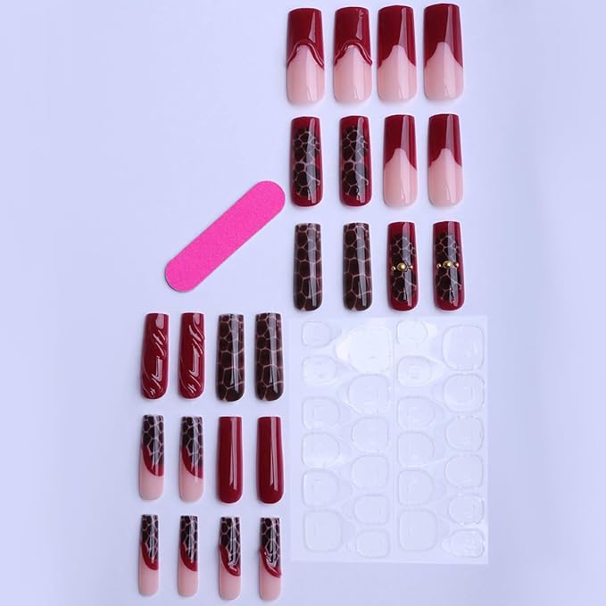 Square Press on Nails Long Purple Fake Nails 3D Charm with Leopard Stick on Nail Tips for Women