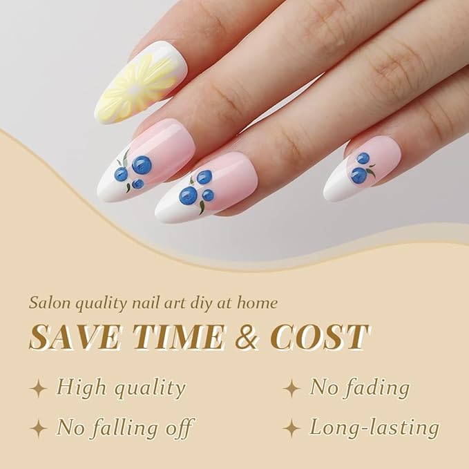 evpct French Tip Press on Nails Medium Almond, Nude Pink + White Tips, Artificial 3D Fake Nails Kit with Lemon Blueberry Designs, Stick on Nails with Nail Kit, 24Pcs Reusable Stick on Nail Kit Women