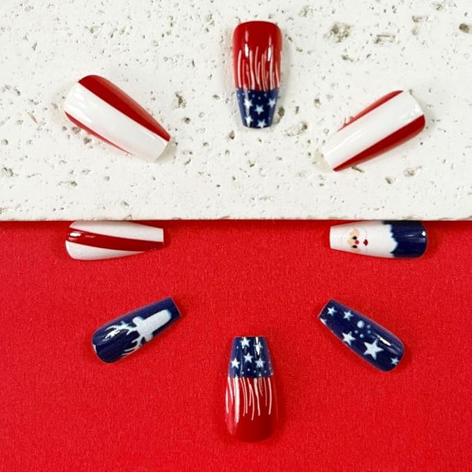 Independence Day Press on Nails Medium Coffin Fake Nails with Red White Striped Design Blue Santa Claus False Nails Elk Glue on Nail Glossy Summer 4th of July Christmas Nail for Women Manicure 24Pcs