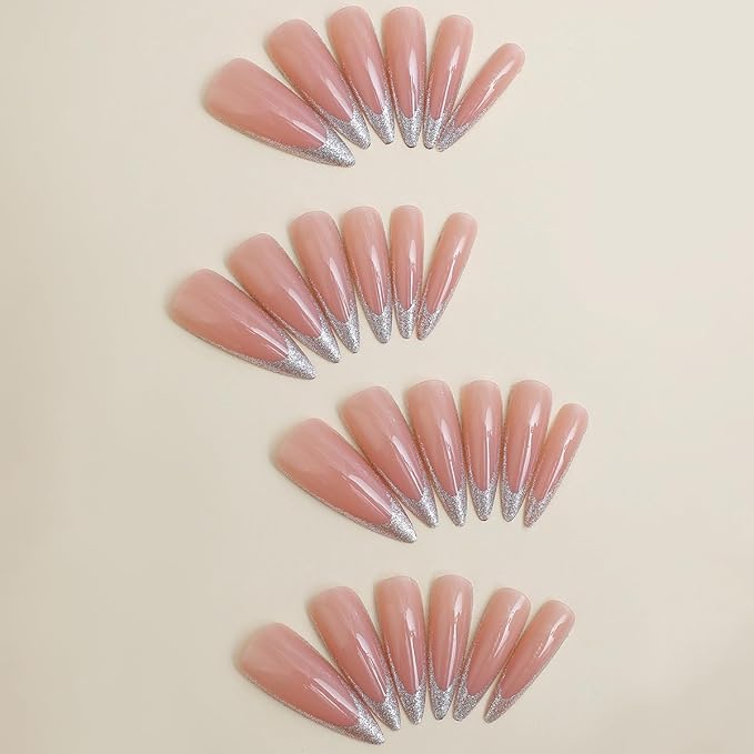 Silver French Tips Fake Nails Long Almond Press on Nails with Sparkly Design, Glossy Glitter False Nails Gel Glue on Nails, Shine French Manicure Art Acrylic Nails Stick on Nails for Women Girls 24Pcs