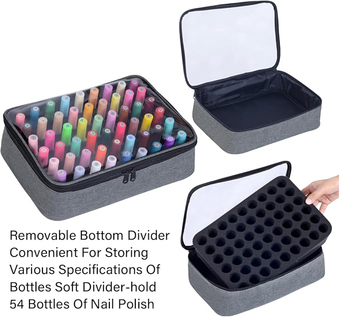 Small Clear Nail Polish Organizer Case Holds 54 Bottles(15ml-0.5fl.oz) Multifunctional Nail Polish Bag, Cosmetic Travel Makeup Bags for Women, Grey