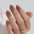 Brown Press on Nails Short - SHANGMENG Soft Gel Almond Chrome Press on Nails for Women, Glossy Glue on Nails with Glue, 16 Sizes - 32 Reusable Fake Nails Kit, Molten Mocha