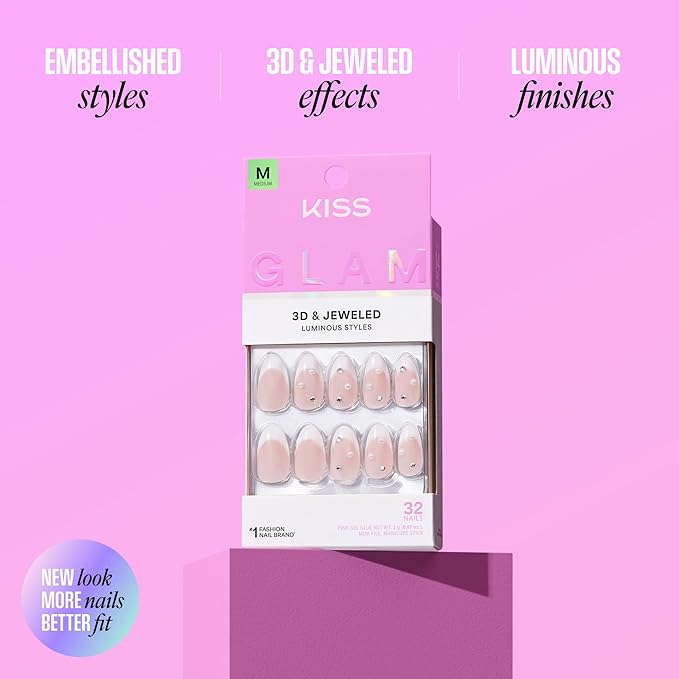 KISS GLAM, Press On Nails, Nail glue included, 'Ripple', Pink, Medium Size, Almond Shape, Includes 32 Nails, 2g Glue, 1 Manicure Stick, 1 Mini File