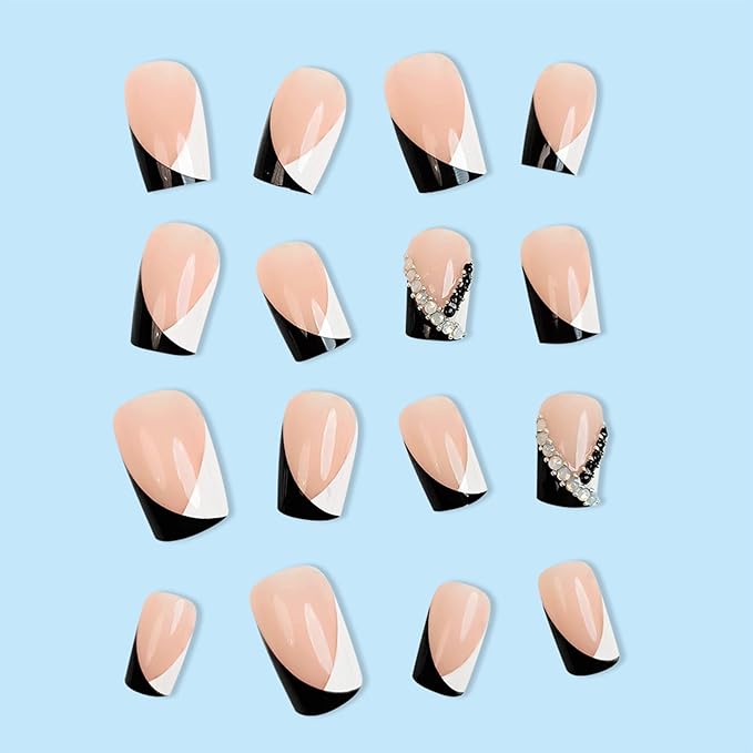 French Tip Press on Nails Medium Square Fake Nails Black White Tip False Nails with Designs Rhinestone Stick on Nail Full Cover Glossy Acrylic Artificial Nail for Women Manicure 24Pcs