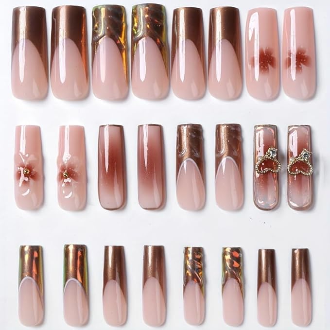 Square Press on Nails Long Brown Fake Nail Embossed Acrylic Nail Press ons With 3D Flower DesignStick on Nails for Women 24pcs