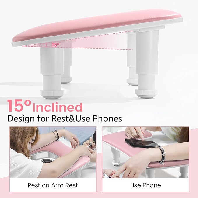 Big Arm Rest for Nails Tech: 2nd Generation U-Shaped Manicure Nail Arm Rest Stand Height Adjustable Armrest Microfiber PU Leather Hand Rest Pillow for Acrylic Nails (Pink)
