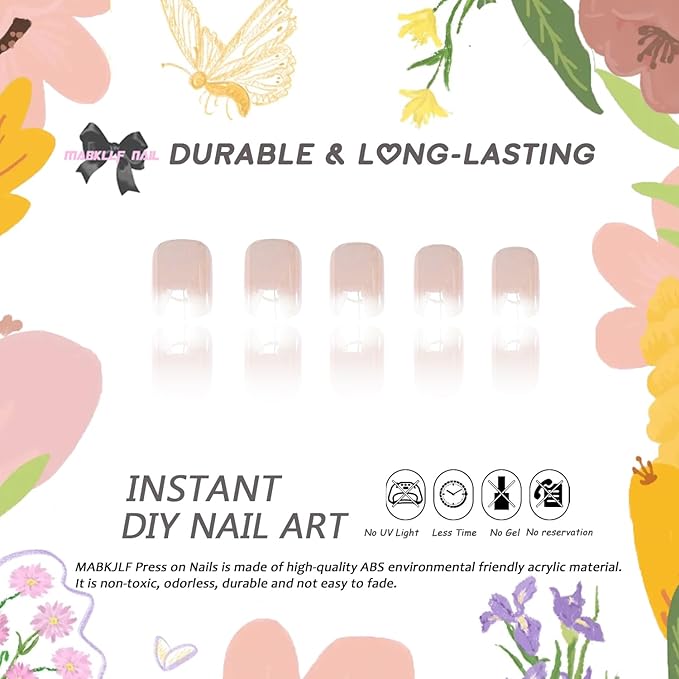 Chrome Press On Nails Short Square White Gradient Fake Nails Nude Pink Full Cover Glossy Glue On False Nails Acrylic Nails 24Pcs, S26
