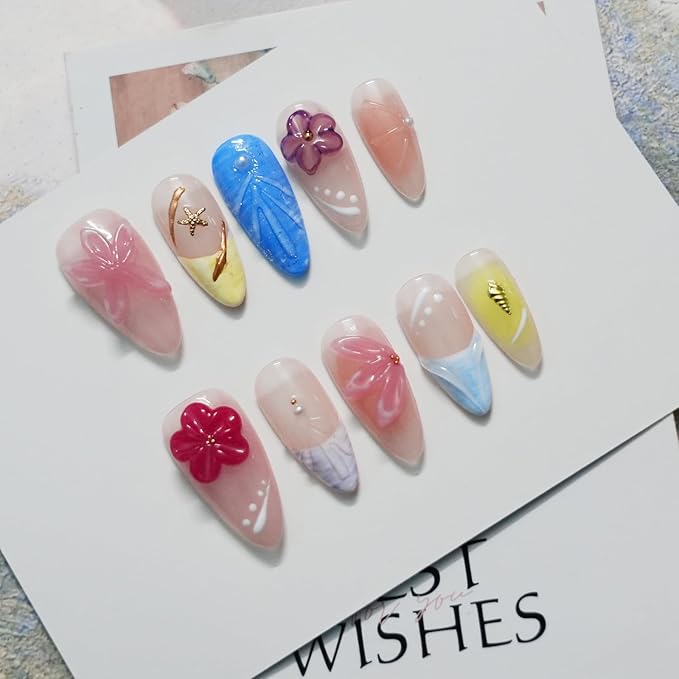 Handmade Press on Nails 3D Floral Carved Medium Almond Fake Nails French Tips, Multi-Layer Gel Acrylic Nails for Women Nail Art (Sheer Floral Glow,S)