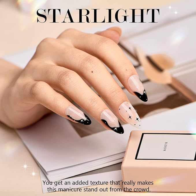 GLAMERMAID Black Press on Nails Medium Almond, Emo Crush Jelly Gel Gothic Stiletto False Glue on Nails Kit with Moon Star Desgin for Women, Reusable Short Oval Stick on Acrylic Fake Nail Manicure Set