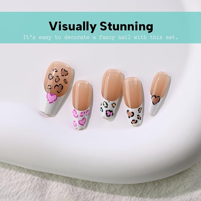 Leopard Print Nail Art Stickers, Colorful Heart Thin Nail Decals, Self-Adhesive, Nail Accessories for Women, Nail Decorations 3 Sheets