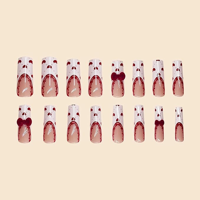 MISUD Press on Nails - Long Square Fake Nails with White French Tip, Acrylic Valentines Heart Design 24 pcs