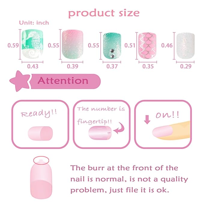 Laza Children Nails Press On Pre-glue Full Cover Light Powder Blue Gradient Sea Wave Pattern Seahorse Shell Glitter Short False Nail Kits for Kids Teenager Girls-Mermaid Pearl