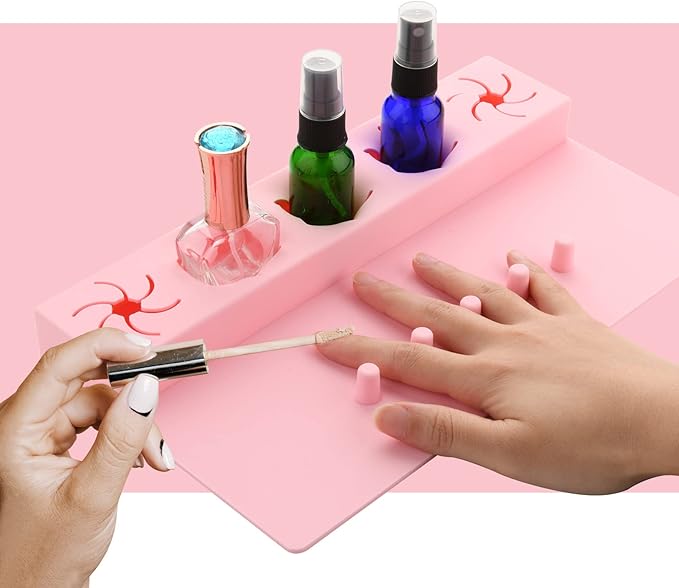 Beautyflier Soft Silicone Nail Stand Hand Rest for Nails, Nail Polish Organizer Holder, Manicure Supplies with Multi Angle & Polish Trays, Foot Station Supply for Salon Home DIY (Pink)