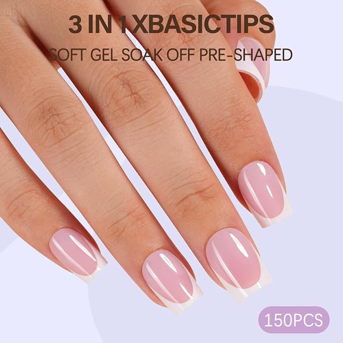 X-BASIC TIPS French Tip Press On Nails, 150Pcs French Gel Nail Tips Short Square, Soft Gel Pre-shaped No Need to File 3 in 1 Tips, Fake Nails for Nail Art DIY Extension Designs 15 Sizes