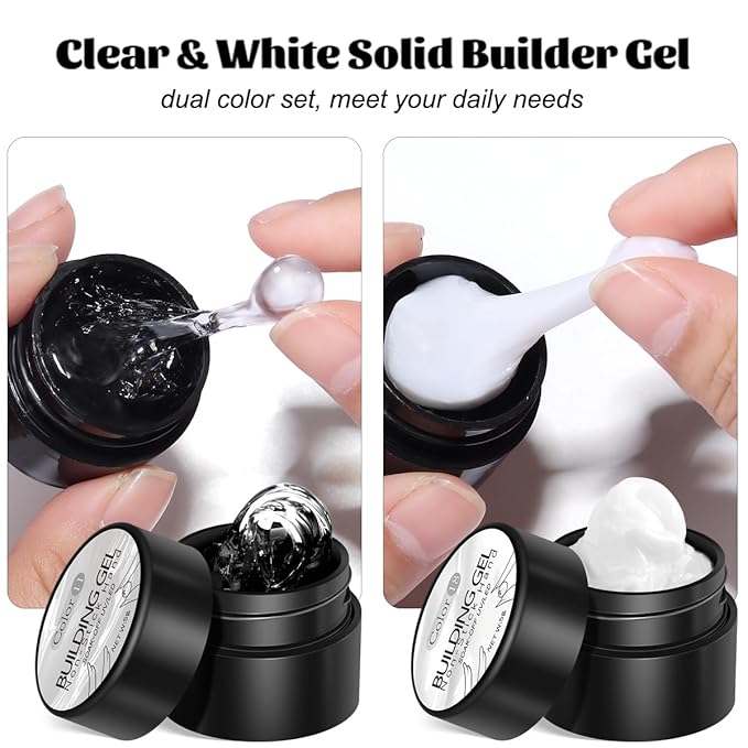 Solid Builder Gel Kit, 2PCS Clear and White 3D Sculpting Gel Non-Sticky Hand Carving Gels with Silicone Pen Hard Gels for Nails Molding 3D Flowers Nail Design Manicure Salon Supplies