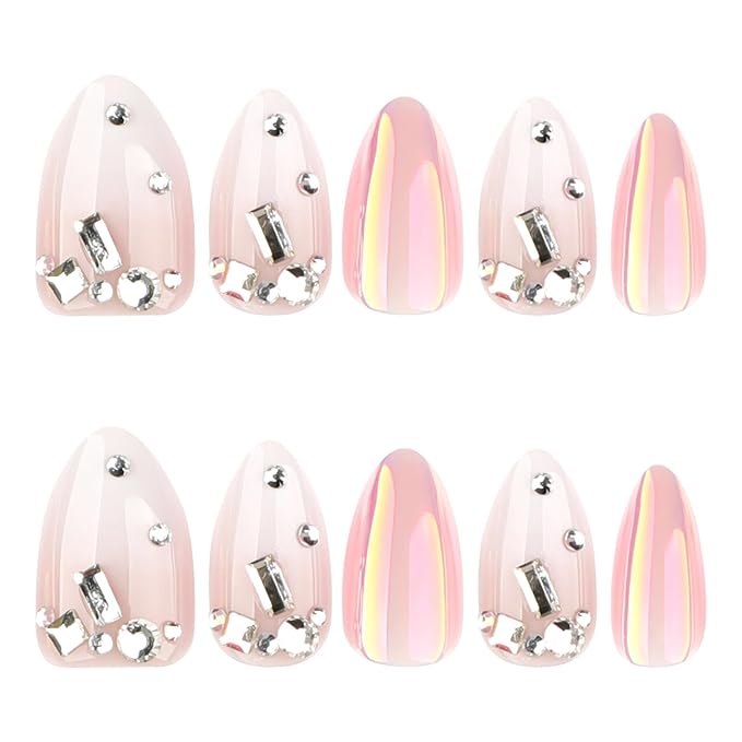Press on Nails Almond - Ombre White Fake Nails with Rhinestone Design - Medium False Nails Press ons - for Women 24 Pcs