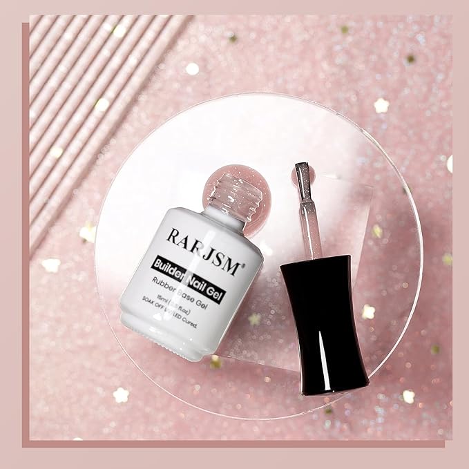 RARJSM Glitter Rubber Base Gel Nail Polish Nude Gray Pink Rubber Base Rainbow Iridescent Shimmer Brush on Quick Extend Builder Hard Gel Soak Off Curing Requires 15ml Salon Home French Manicure