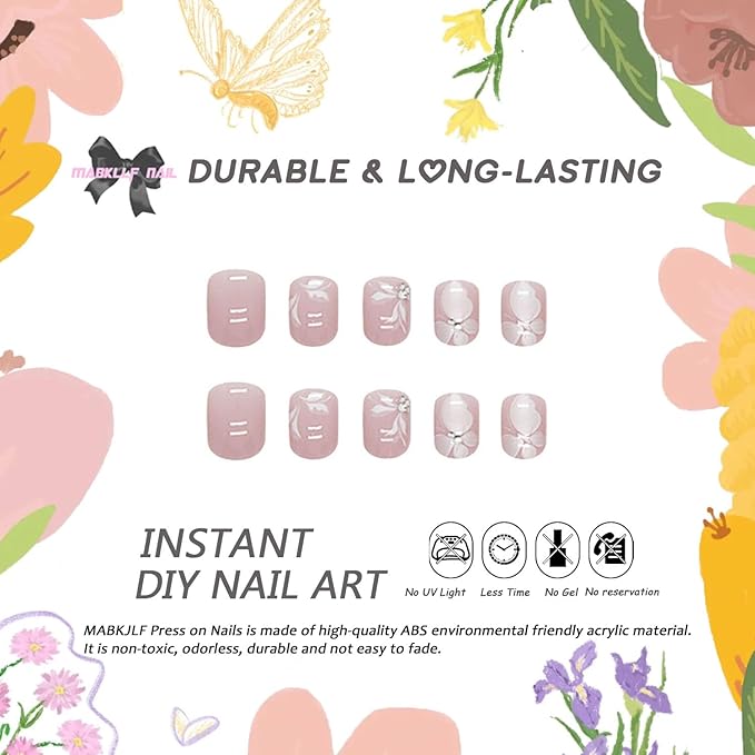 Pink Glitter Butterfly False Nails - 24pcs Full Cover Glossy Glue on Acrylic Artificial Nails