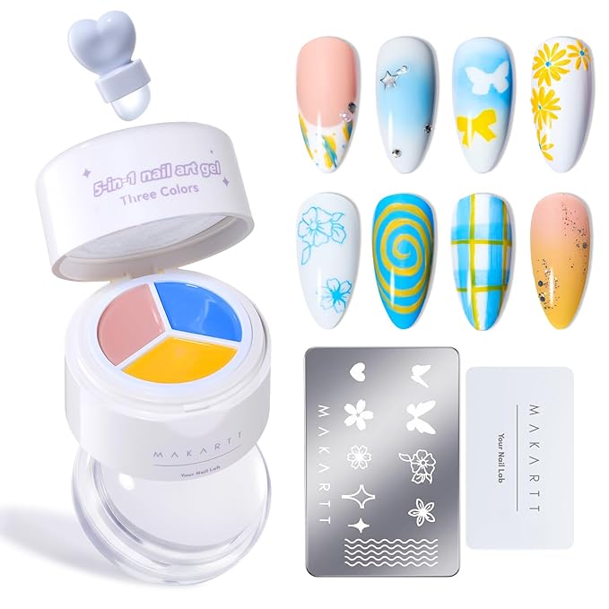 Makartt 5-in-1 Nail Art Gel: ColorPot 3 Colors Gel Nail Polish No Wipe with Nail Stamp for Stamping, French Tips, Ombre Patting, Painting & 3d Micro-Sculpting with Silicone Head for DIY Home Salon Use