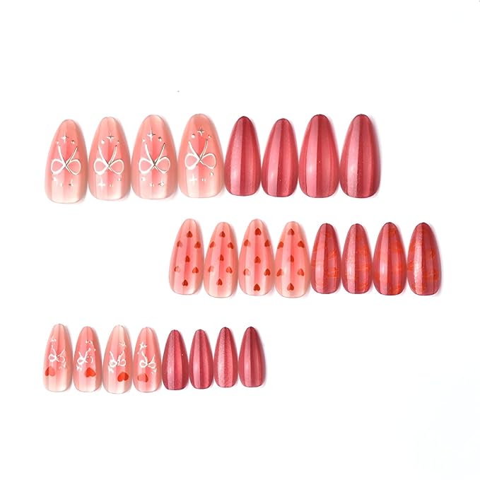 Valentines Press on Nails Medium Almond Fake Nails Red Heart Nails Press Ons Bow Glue on Nail Glossy Full Cover False Nails Gradient Acrylic Stick on Nail for Women Decoration Set 24Pcs