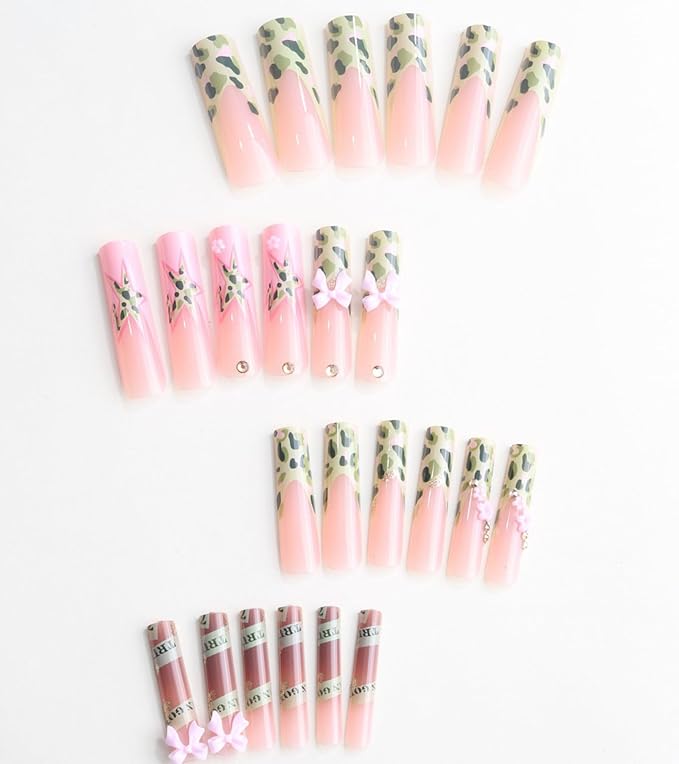 Press on Nails Square - Extra Long Fake Nails with 3D Bows and Flowers, Green French Tips Pink False Nail with Glue Sticker, Stick On Nails for Women, 12 Sizes - 24 Nail Kit, Moss Camo