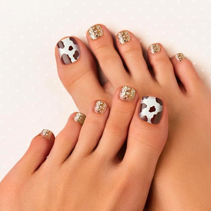 GoldFinger Trendy Press On Fake Toenail Wider Fit, Cow Animal Print & Glittering Metallic Gold Color, Ready to Wear Gel & Manicure Stick, Mini Glue included, Long-Lasting Convenient & Easy to Apply