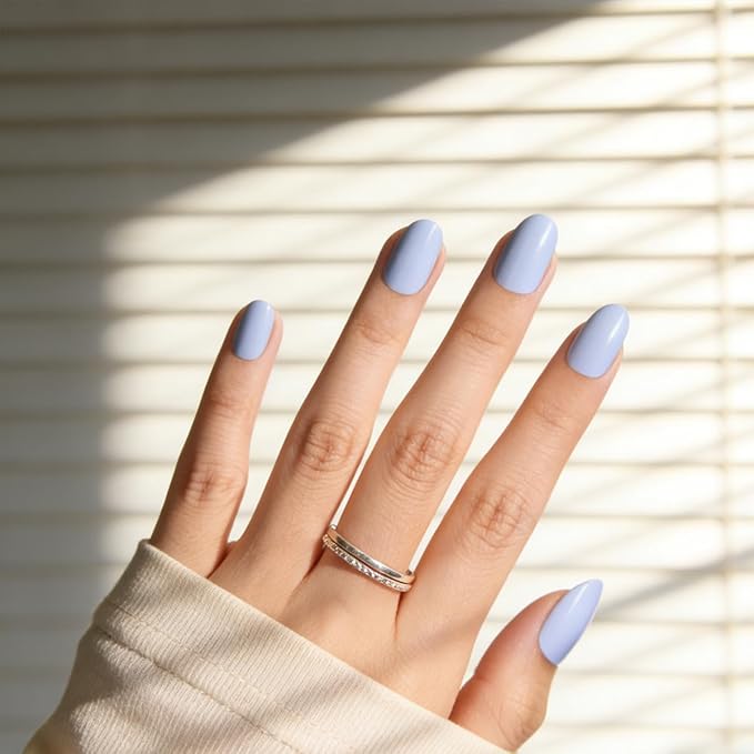Blue Press On Nails Almond, Medium Light Blue Fake Nails with Nail Glue, Natural Soft Gel Nail Kit, Natural Reusable Glue On Nails in 15 Sizes 30 Fake Nails Kit