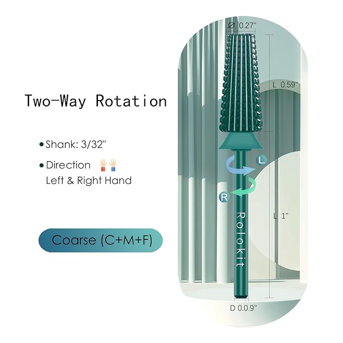 5 in 1 Nail Drill Bit, 3/32'' Professional Carbide Tungsten Drill Bit Nail Tech, Two Way Rotate Cuticle Gel Remover Drill Bit for Manicure Pedicure Acrylic Nail Poshling (Green, Coarse-C)