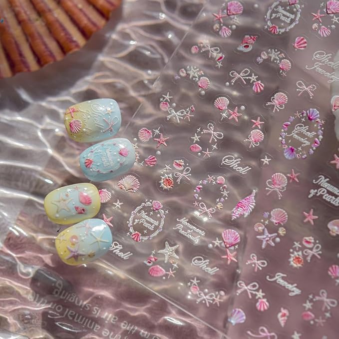 Ocean Nail Stickers 3D Self-Adhesive Pink 5D Embossed Pearl Seashell Starfish Nail Decals Flower Nails Supplies Star Bow Nails Designs Summer Nail Art Decoration for Women DIY Manicure 1 Sheet